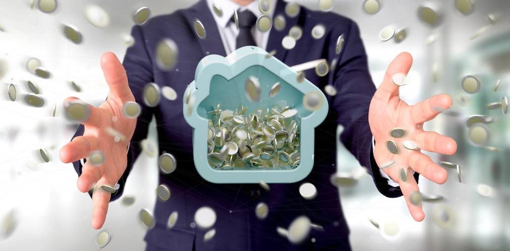 Man holding a House moneybox with coin surrounding all over 3d rendering