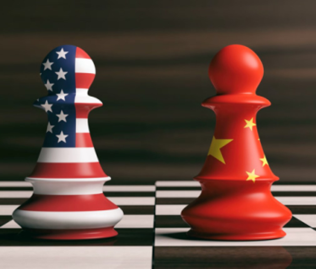 USA and China flags on chess pawns on a chessboard. 3d illustration