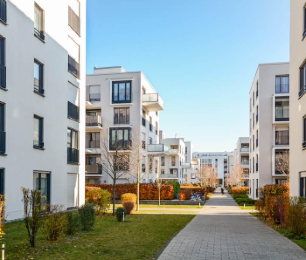 Modern apartment buildings in a green residential area in the city