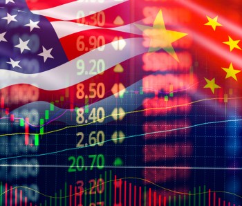 Trade war economy USA America and China flag candlestick graph Stock market exchange analysis