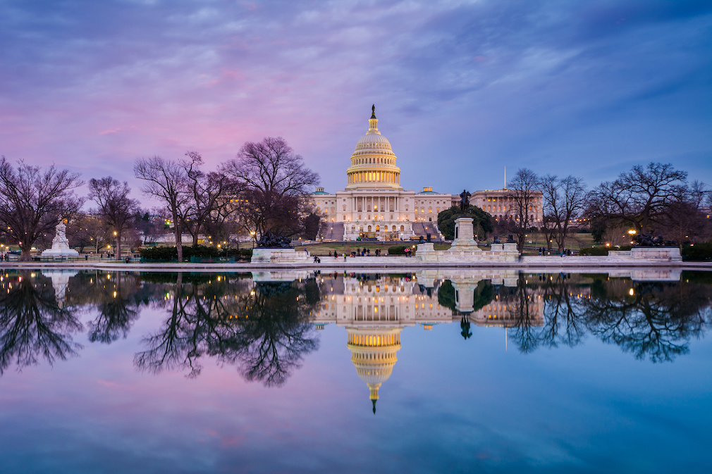 The United States Capitol at sunset, in Washington, DC.