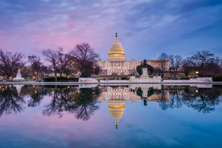 The United States Capitol at sunset, in Washington, DC.