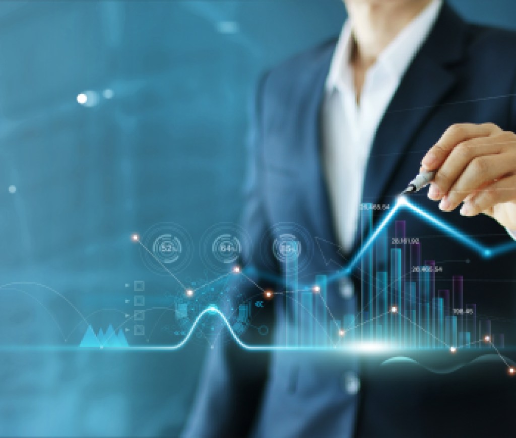 Businessman draw growth graph and progress of business and analyzing financial and investment data ,business planning and strategy on blue background.