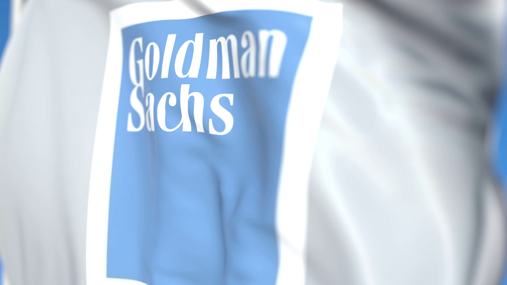 Waving flag with The Goldman Sachs Group, Inc. logo, close-up. Editorial 3D rendering