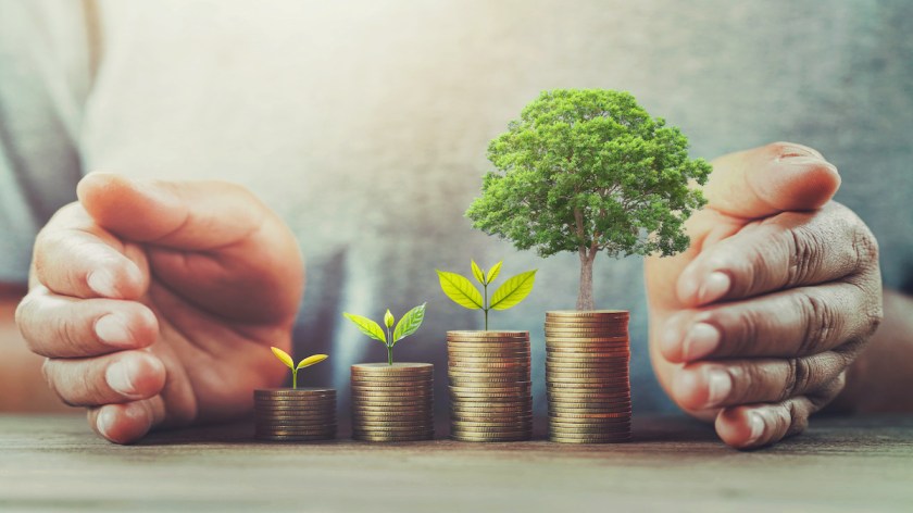 businessman protection money on table with tree. concept saving