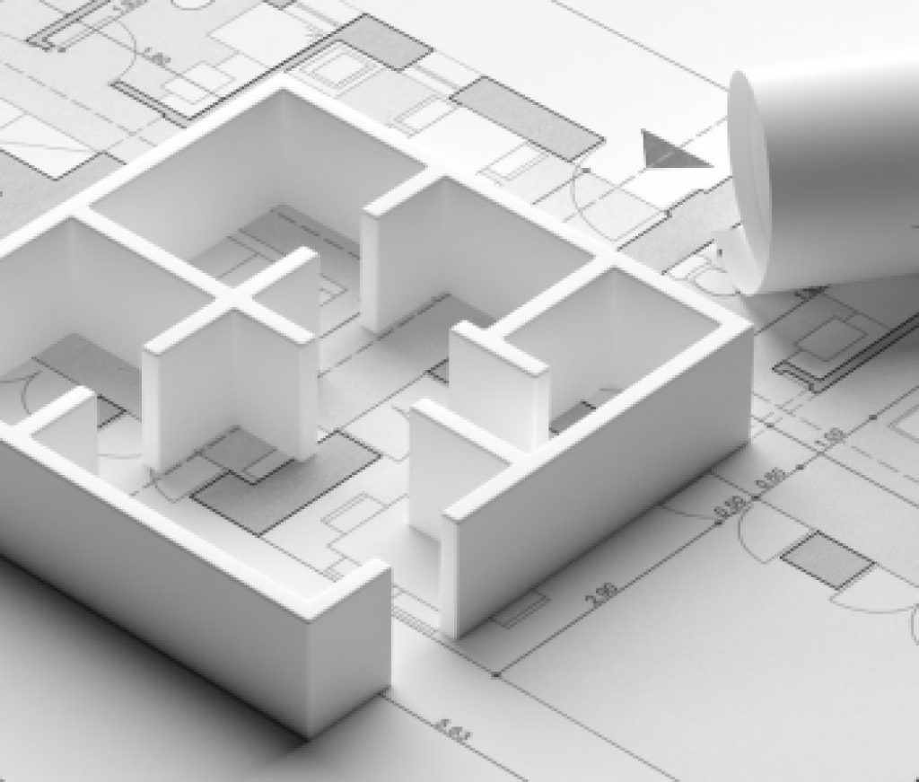 Residential building blueprint plans and house model, banner. 3d illustration