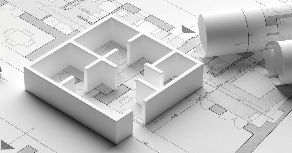 Residential building blueprint plans and house model, banner. 3d illustration