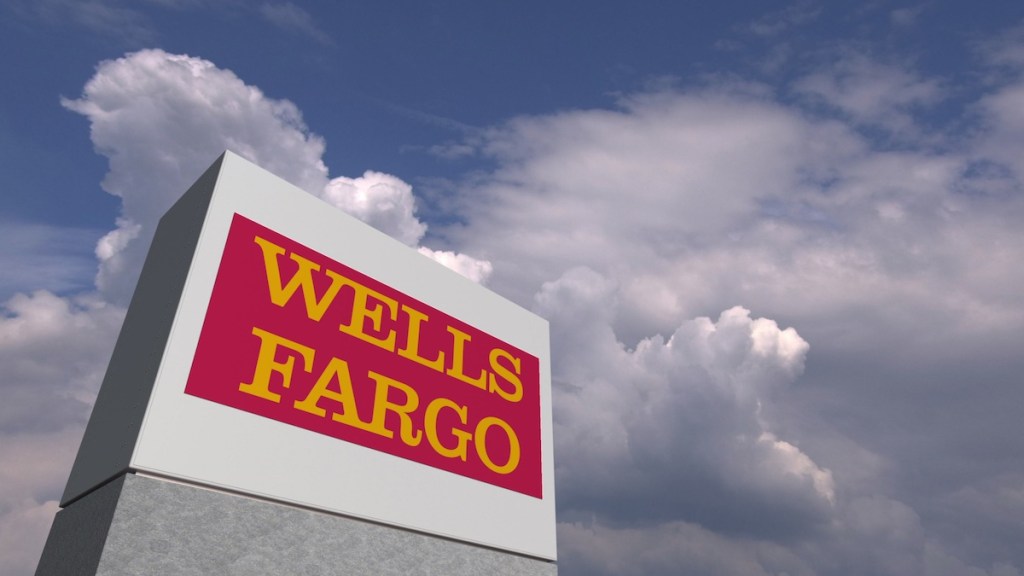 WELLS FARGO logo against sky background, editorial 3D rendering