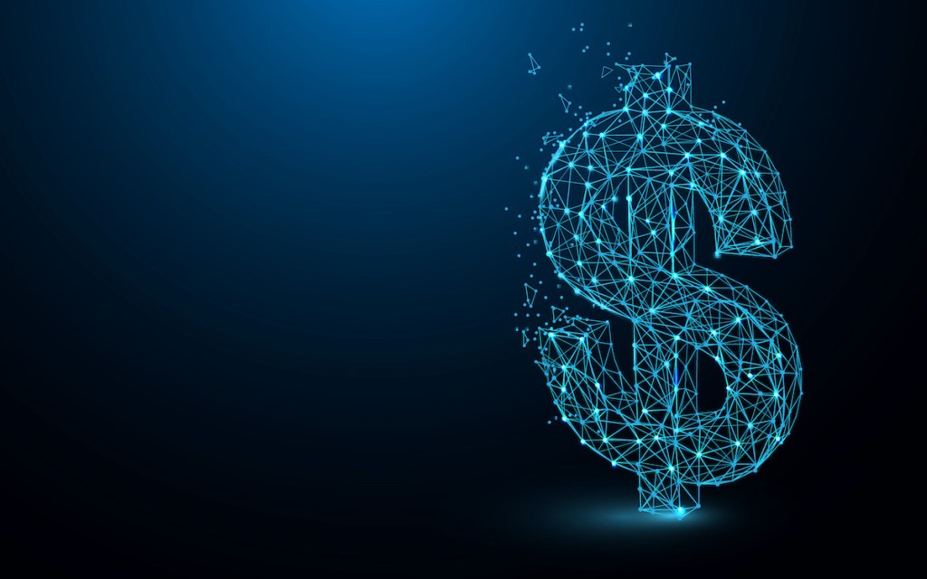USD Money icon form lines, triangles and particle style design. Illustration vector