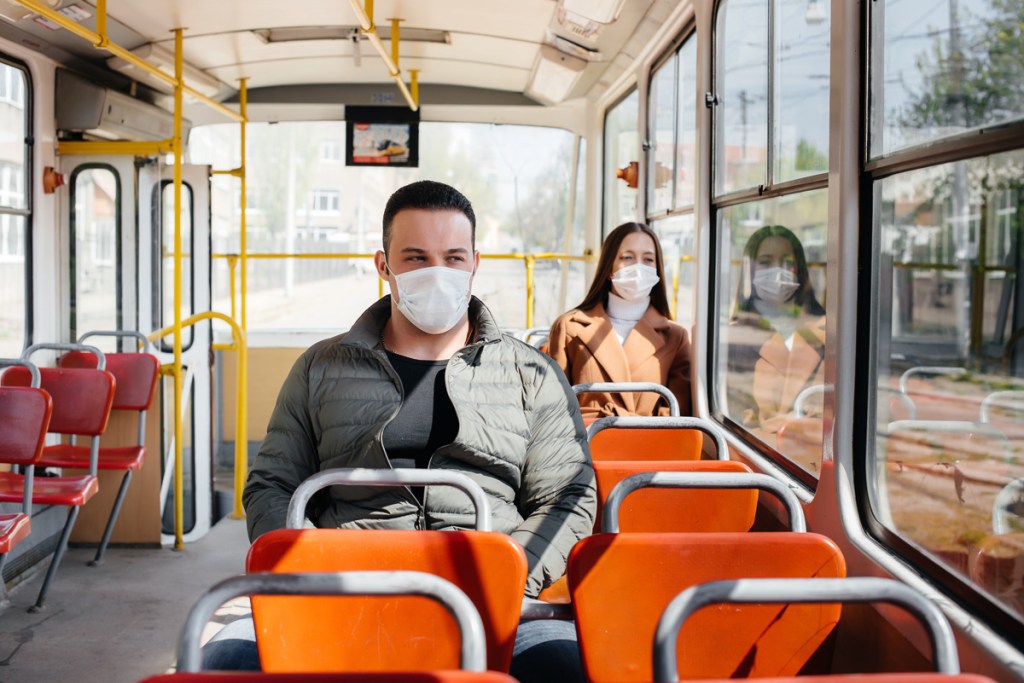 Passengers on public transport during the coronavirus pandemic keep their distance from each other. Protection and prevention covid 19.