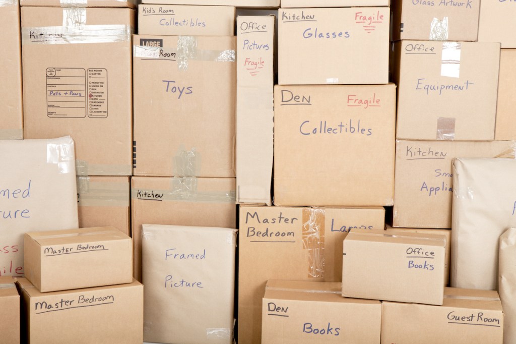 Wall with boxes labeled and ready for shipping
