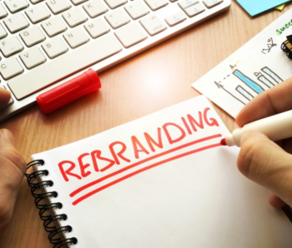 Rebranding written in a note. Rebrand marketing concept.
