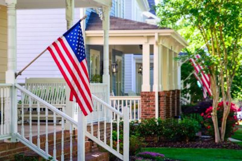 house, american flag, neighborhood