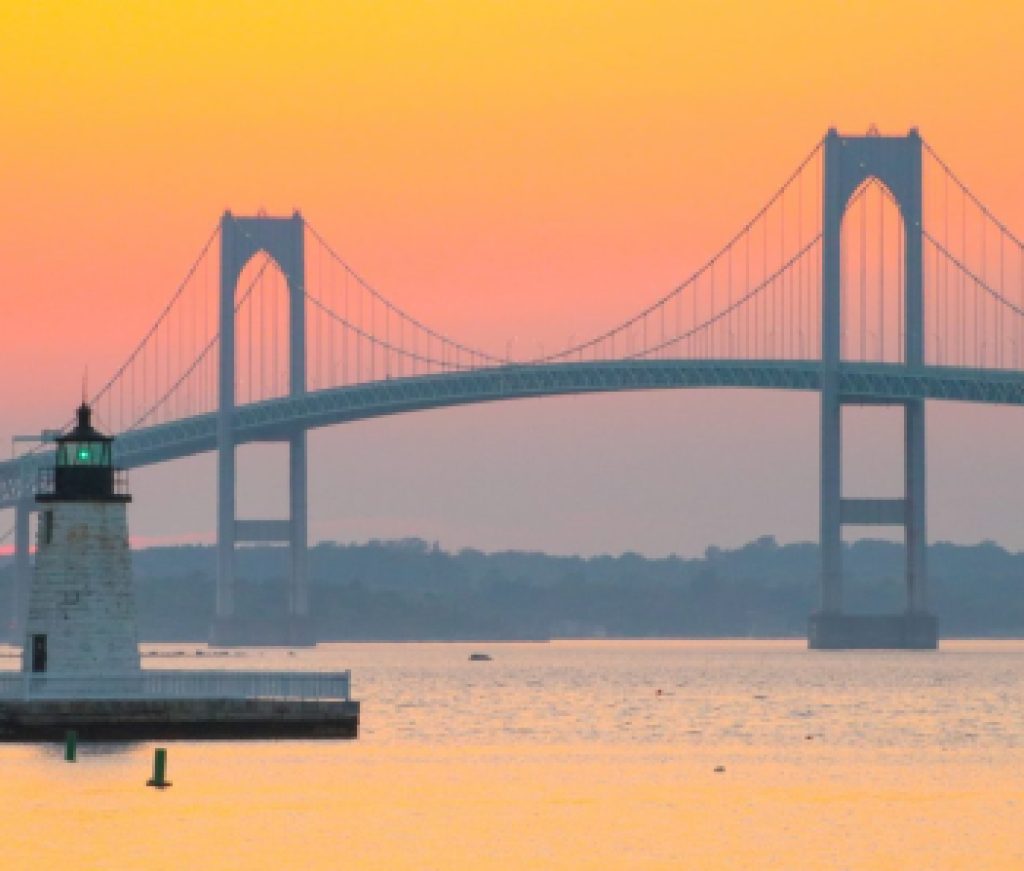 A sunset over the Newport Bridge in Newport, Rhode Island