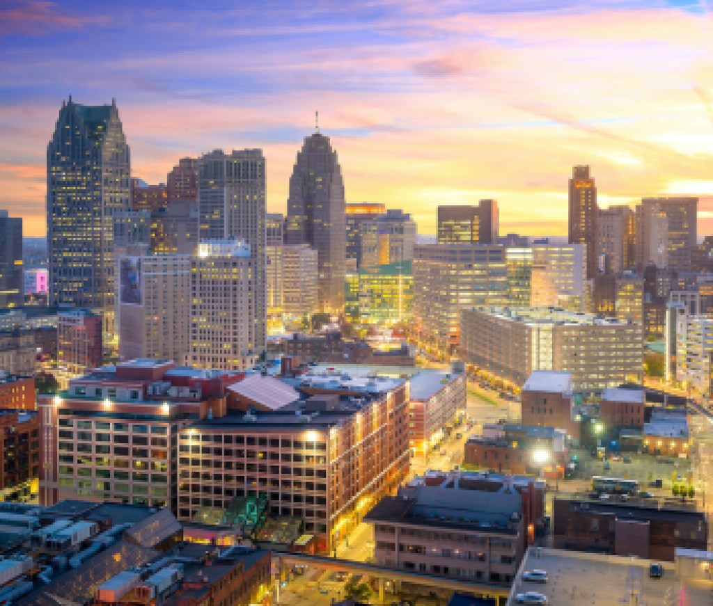 Aerial view of downtown Detroit at twilight