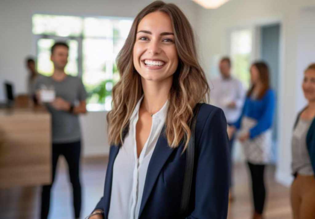 Loan officer smiling at an open house
