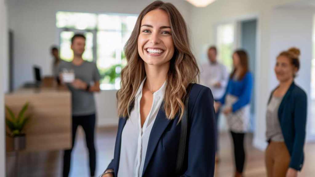 Loan officer smiling at an open house