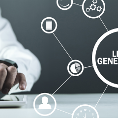 Lead generation companies: man working at a calculator; photo is overlaid with tech "gears" that center around the words "lead generation"