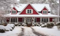 two story red house covered in snow in winter