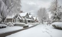 street level view of medium income single-family home neighborhood covered in snow in winter