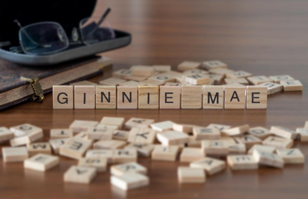 ginnie mae word or concept represented by wooden letter tiles on a wooden table with glasses and a book
