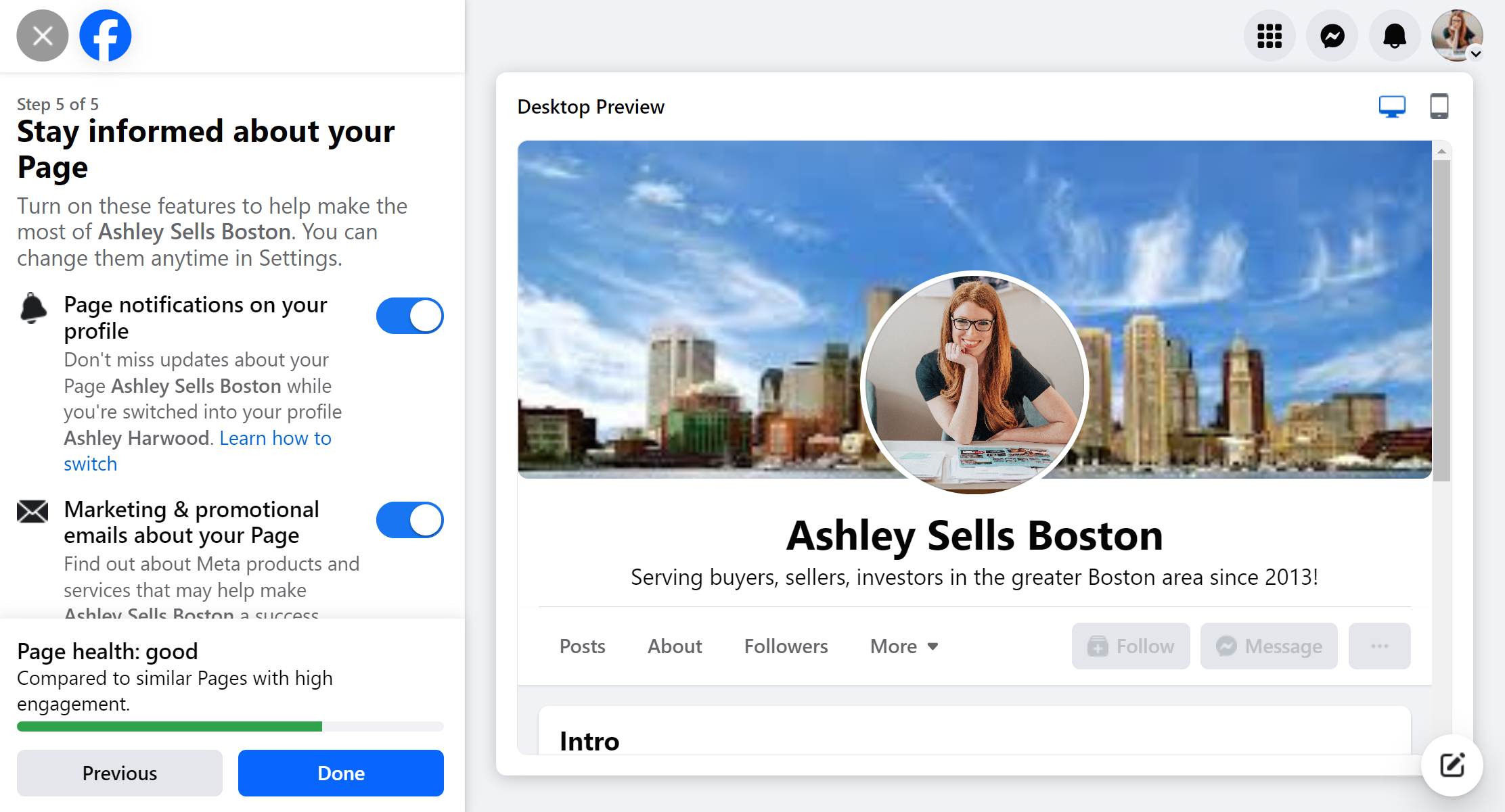Screenshot of notification settings for a facebook page