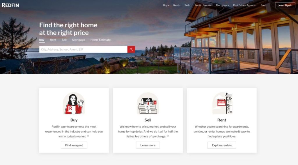 Real estate website design by by Custom for Redfin (landing page screenshot)