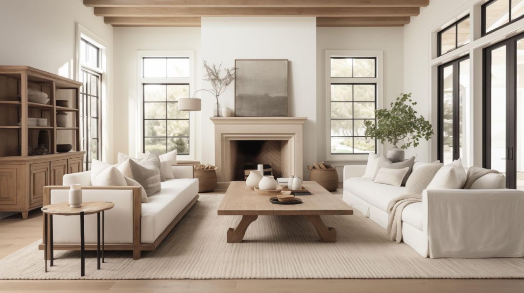 Clean and decluttered living room with neutral colors.