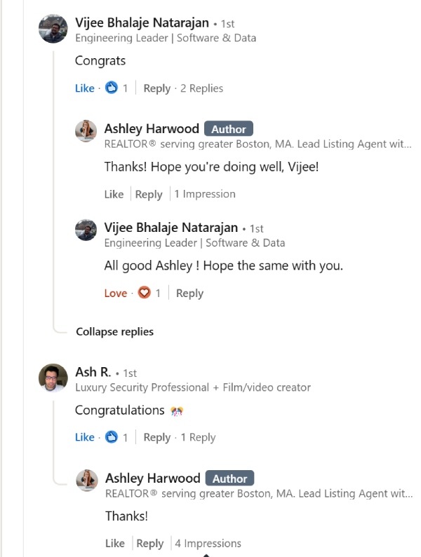 Screenshot of Ashley Harwood responding to LinkedIn connections.