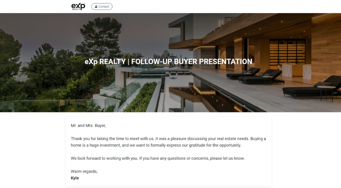 Example follow-up buyer presentation with image and personalized note to buyers.