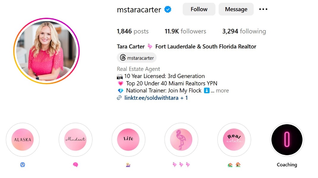 Instagram bio page for Tara Carter.