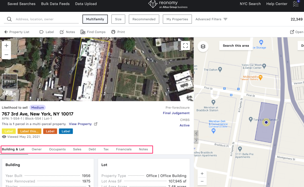 Reonomy dashboard showing details about NYC location.