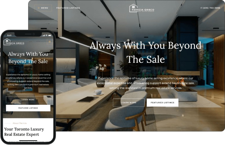 Website template displayed on a desktop with the same website displayed on a mobile phone to the left.