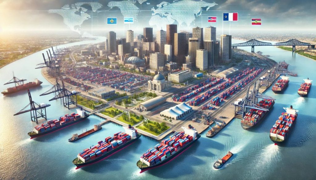 DALL·E 2025-04-15 12.58.24 - A realistic, wide-angle digital illustration of Louisiana as a major import and export trade hub. The image features a bustling port in New Orleans wi