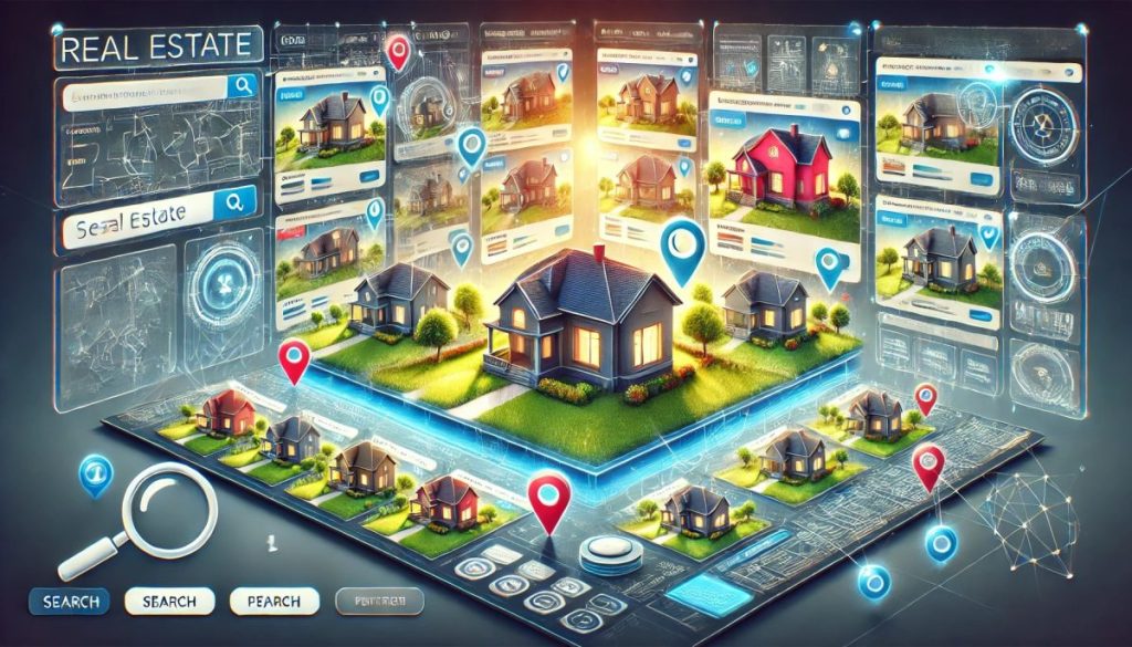 DALL·E 2025-04-16 13.50.13 - An artistic, high-quality digital illustration of a real estate website interface showcasing multiple home listings, inspired by popular platforms lik