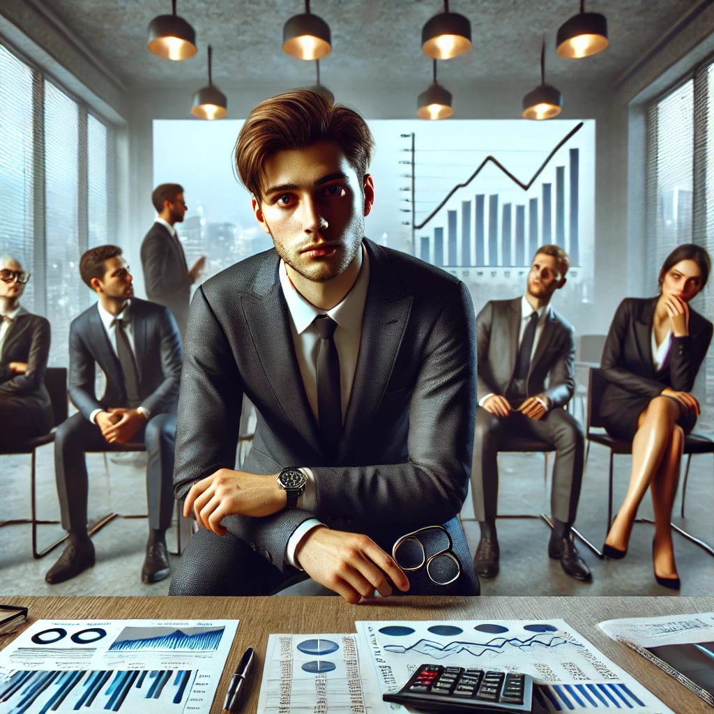 DALL·E 2025-04-17 12.46.00 - A realistic photo of a group of real estate investors in a modern office setting. The investors are dressed in business attire and display low confide