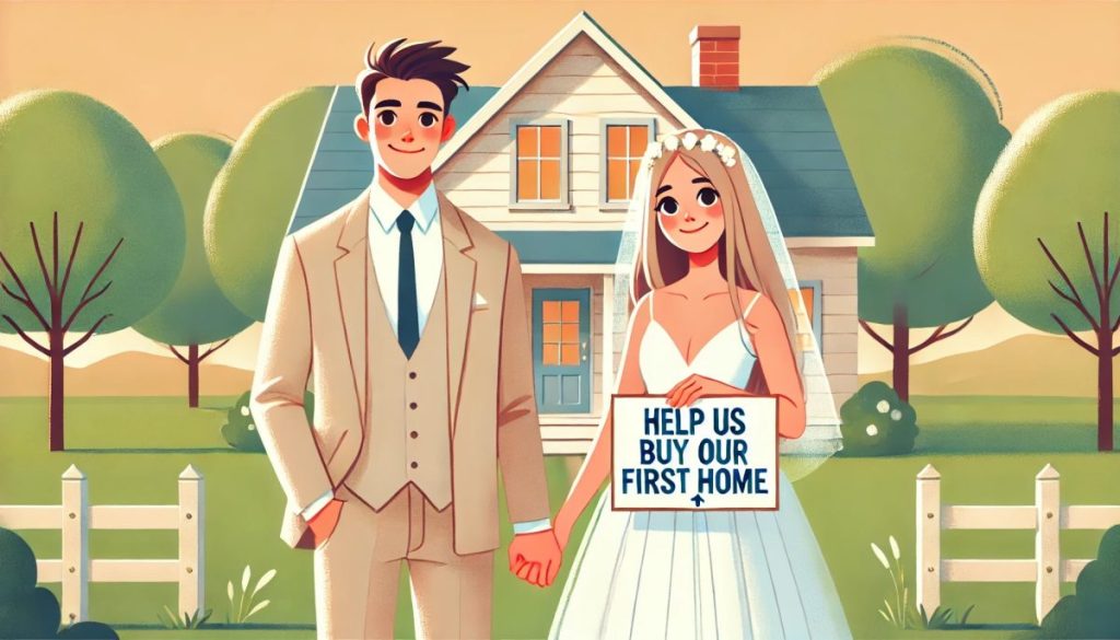 DALL·E 2025-04-23 11.52.05 - Heartwarming illustration of a newlywed couple standing in front of a small, cozy house with a sign that reads 'Help us buy our first home'. The coupl