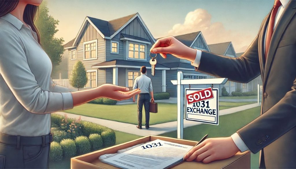 DALL·E 2025-04-24 09.49.46 - An edited version of a semi-realistic digital illustration for an article, showing a homeowner using a 1031 exchange. Focus on correcting the backgrou