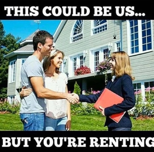 A couple standing in front of house shaking hands with another woman.