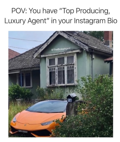 Picture of a green rundown home with an orange Lamborghini in the driveway hidden by overgrown bushes.