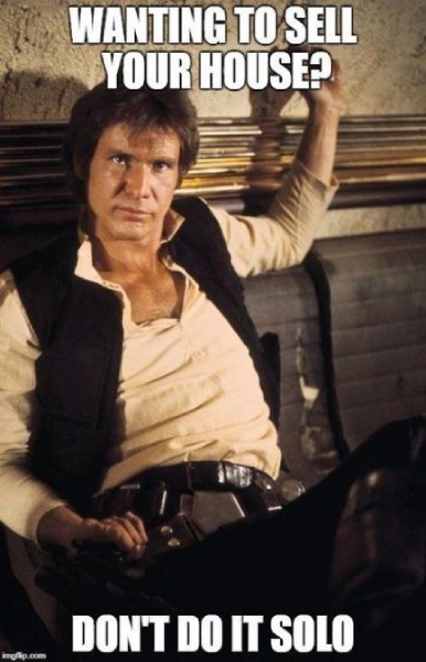 Meme of Harrison Ford as Hans Solo from Star Wars stating wanting to sell your house? Don't do it solo.