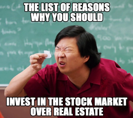 Meme of reasons to invest in the stock market over real estate with man in red shirt holding a small piece of paper squinting.
