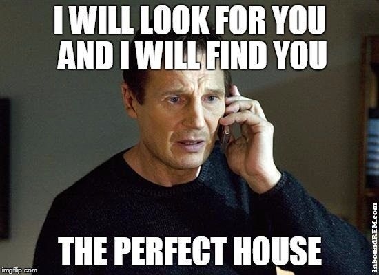 Meme of Liam Neison holding a phone looking for the perfect house.