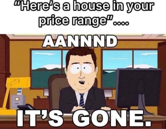 Meme of cartoon sitting at a desk staying here's a house in your price range and it's gone.