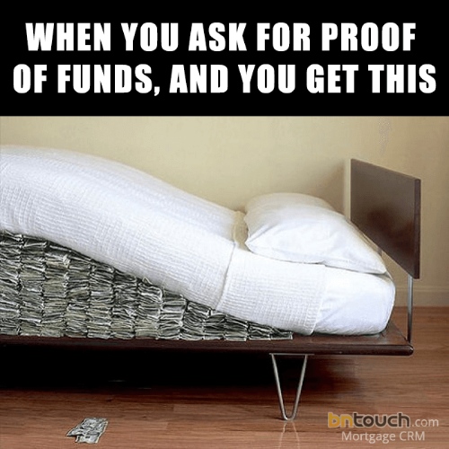 Meme of asking for proof of funds with a picture of cash stacked underneath a mattress and pillow.