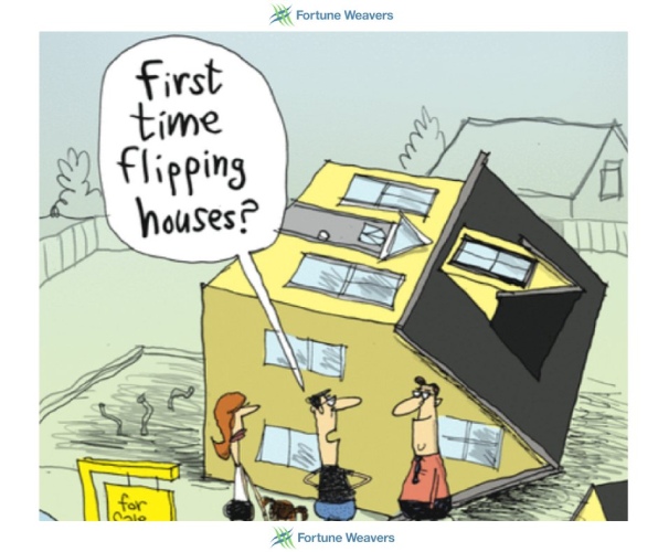 Meme of flipping houses with a cartoon house flipped on its side and three cartoon people standing out front by a for sale sign.