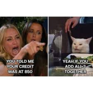 Meme of a woman yelling you told me your credit was at 850 to a cat that replies yeah if you add all three together.