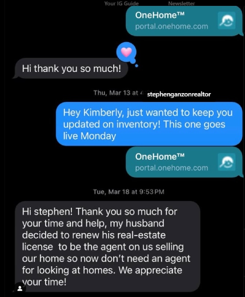 Meme of text exchange between an agent and a prospect whose husband decides to renew his real estate license after the agent is already working with them.