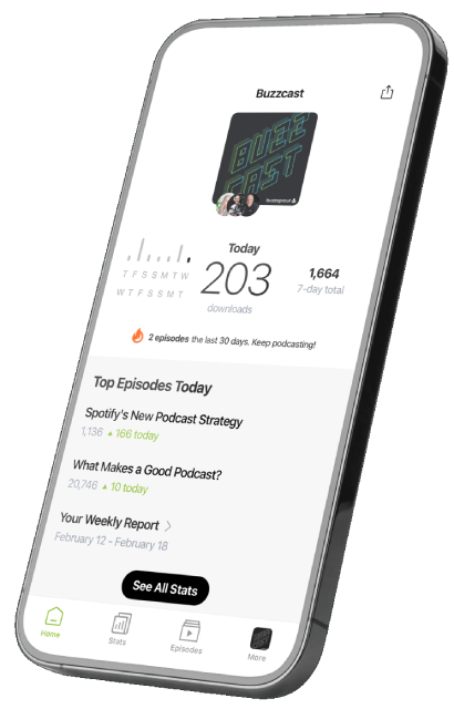 Cell phone displaying buzzsprout data analytics.