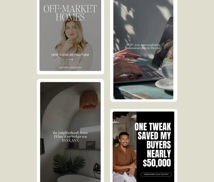 Four social media marketing examples outlined in white.